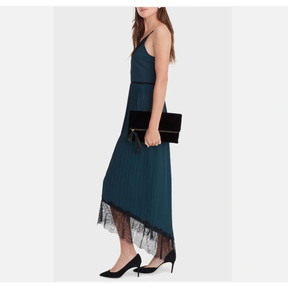 J.Crew Collection Spaghetti Strap Pleated Midi Dress Green Black Lace 2 NEW $198